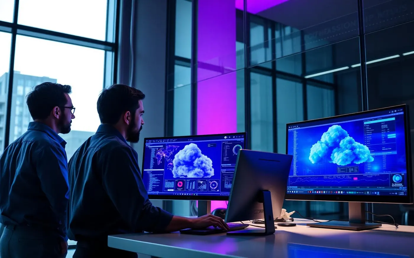 Advisors reviewing intelligent infrastructure for financial services